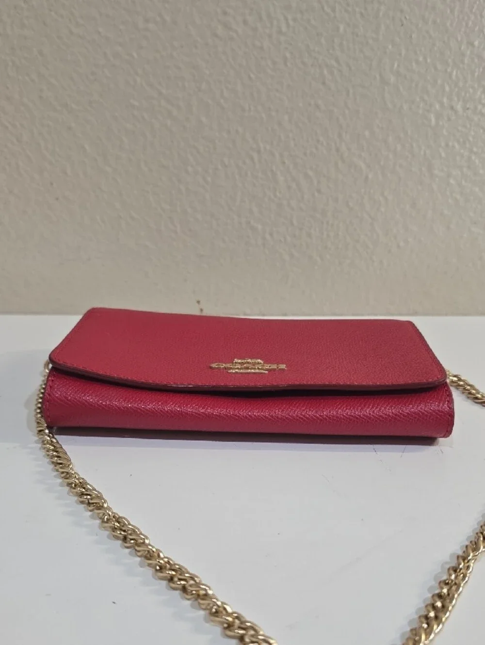 Coach Pink Crossbody Wallet with Gold Chain Strap